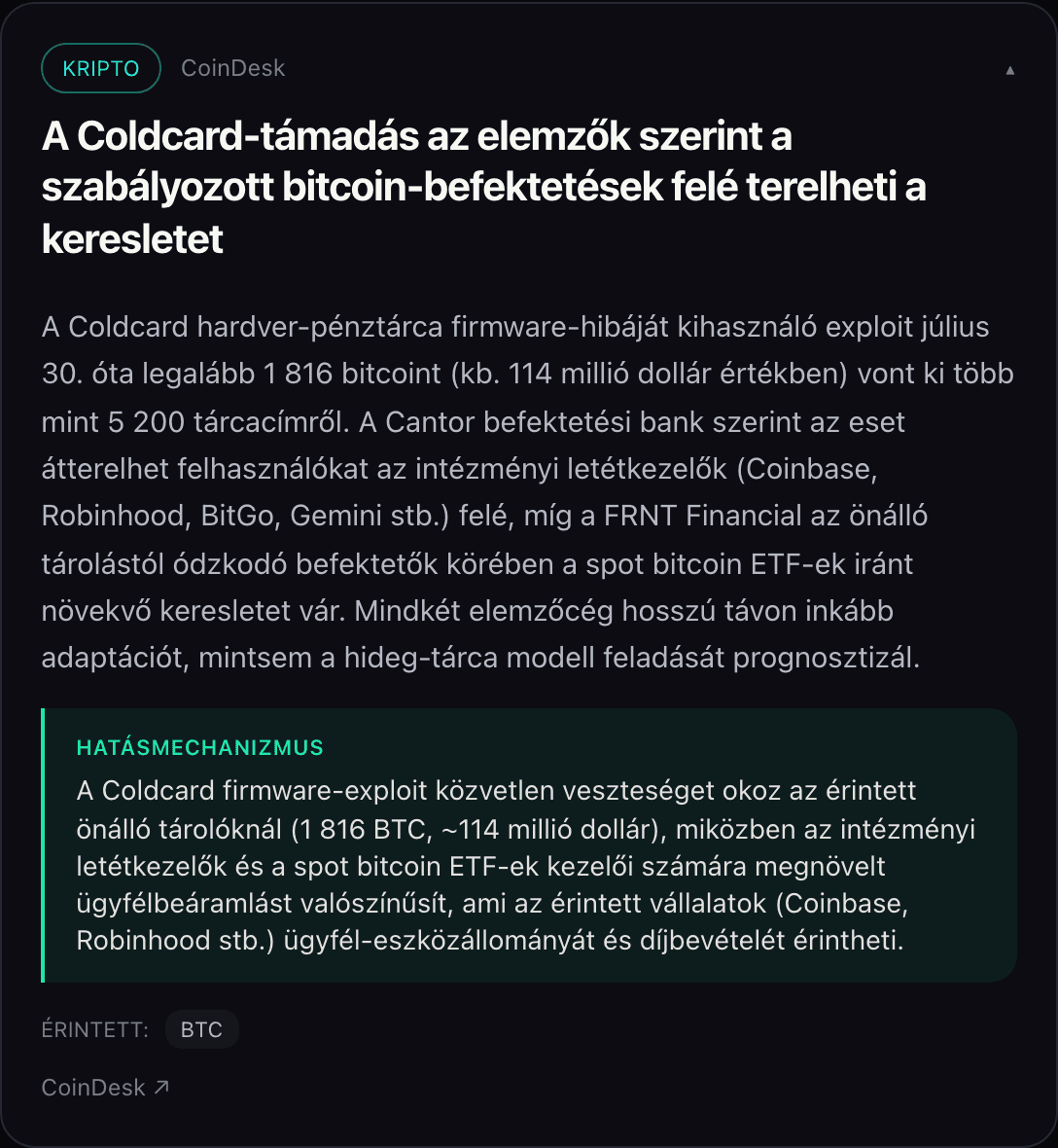 Kinyitott hírkártya magyar összefoglalóval és hatásmechanizmussal